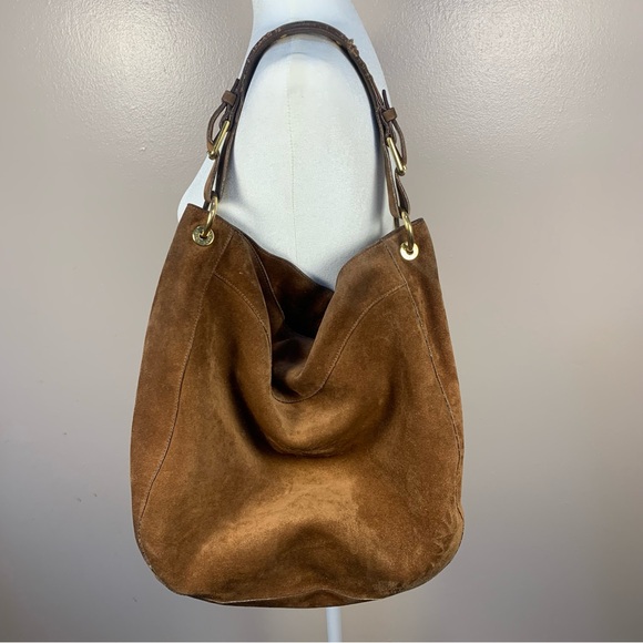 Ralph Lauren Suede Slouchy Hobo Shoulder Bag Logo Gold Plated Accent - Picture 9 of 14